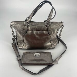 Michael Kors Silver Metallic Leather Satchel Bag & Wallet